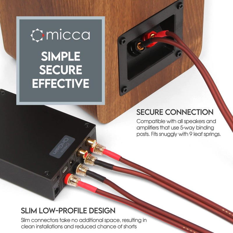 Micca 14 Gauge Pure Copper Speaker Cables, 6.6 Feet Each (2 Meters), 2 Pack Pair, Gold Plated Banana Plugs Connectors, Soldered Construction, Slim Design, 245 Strands, for Stereo or Home Theater - Image 4